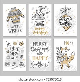 Christmas hand drawn cards with Santa, sweater, snowflakes and fox. Vector illustration.