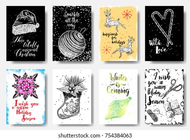 Christmas hand drawn cards with Christmas Santa Clause Hat, glass ball, deer, candy, sweets, star snowflake, socks, gift box. Vector.