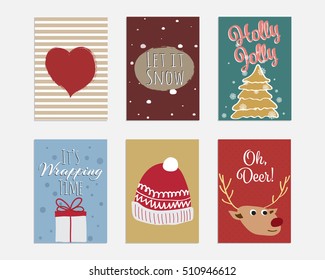 Christmas hand drawn cards set, reindeer, heart, present box, hat, tree, stripe, dots. Trendy pastel colors, cute vector elements. Flyer design elements, winter backgrounds. Cute winter flyers set.