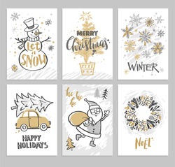 Christmas Hand Drawn Cards With Christmas Tree, Snowman, Snowflakes, Santa, Car And Wreath. Vector Illustration.
