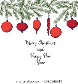 Christmas hand drawn cards with Christmas tree, fir branch, deer, balls. Vector illustration.