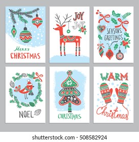 Christmas hand drawn cards with Christmas tree, fir branch, deer, balls, gift boxes and bird. Vector illustration.