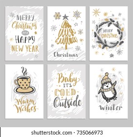 Christmas hand drawn cards with Christmas tree, penguin, snowflakes, cap and wreath. Vector illustration.