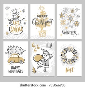 Christmas hand drawn cards with Christmas tree, snowman, snowflakes, Santa, car and wreath. Vector illustration.