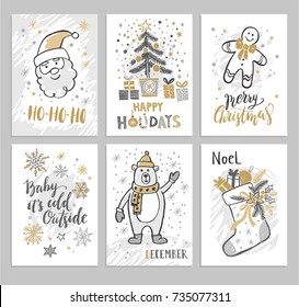 Christmas hand drawn cards with Christmas tree, Santa and Gingerbread man. Vector illustration.