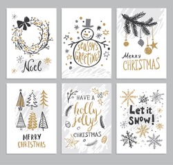 Christmas Hand Drawn Cards With Christmas Trees, Snowman, Snowflakes, Fir Branch, Balls And Wreath. Vector Illustration.