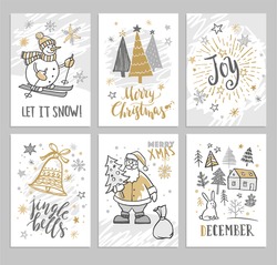 Christmas Hand Drawn Cards With Christmas Trees, Snowman And Snowflakes. Vector Illustration.