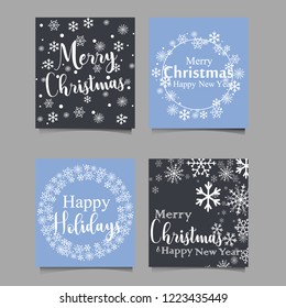 Christmas hand drawn cards with Christmas trees, snowflakes, fir branch, balls and wreath.