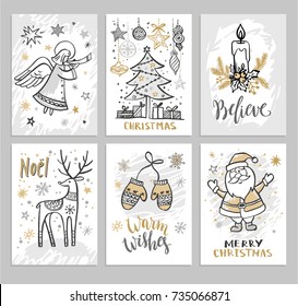 Christmas hand drawn cards with Christmas trees, Santa and deer. Vector illustration.