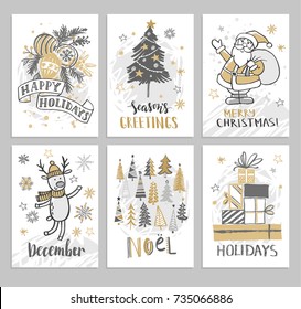 Christmas hand drawn cards with Christmas trees, Santa, snowflakes, deer and presents. Vector illustration.