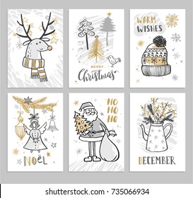 Christmas hand drawn cards with Christmas trees, Santa and deer. Vector illustration.