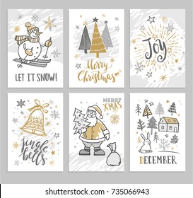 Christmas hand drawn cards with Christmas trees, snowman and snowflakes. Vector illustration.