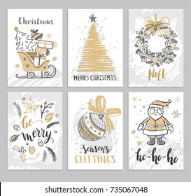 Christmas hand drawn cards with Christmas trees, Santa, balls and wreath. Vector illustration.