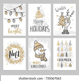 Christmas hand drawn cards with Christmas trees, snowman, deer and wreath. Vector illustration.