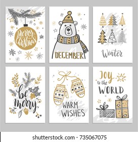 Christmas hand drawn cards with Christmas trees, bear, balls and gifts. Vector illustration.