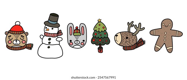 Christmas hand drawn cartoon deer, bear, snowman, gingerbread man,  hare, Christmas tree doodle decor set. Holiday festive sketch doodle. Vector illustration isolated on white background.