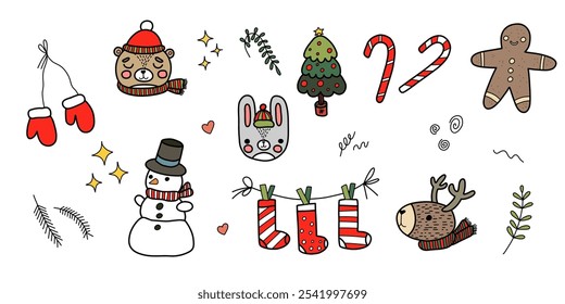 Christmas hand drawn cartoon snowman, gingerbread man, bear, deer, hare, socks, caramel cane, fireplace, Christmas tree line decor set. Holiday ornament sketch doodle. Vector illustration isolated.