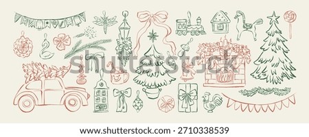 Christmas hand drawn chalk elements. Vintage Christmas and New Year line art doodles. Retro whimsical winter holiday charcoal sketch. Christmas drawing set for card, poster, poster, party invitations.