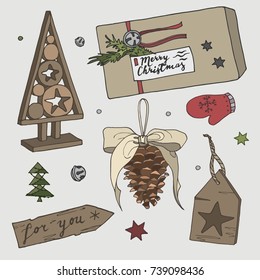 Christmas hand drawn colorful symbols.  Vector set. Wooden christmas tree, cone, mitten,gift box, decor