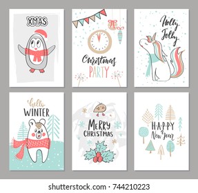Christmas hand drawn cute cards with penguin, unicorn,bear, bird, trees and other elements. Vector illustration