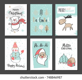 Christmas hand drawn cute cards with bear, trees, reindeer, snowman, Santa Claus and other items. Vector illustration