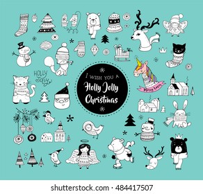 Christmas hand drawn cute doodles, stickers, illustrations and elements