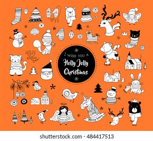 Christmas hand drawn cute doodles, stickers, illustrations and elements