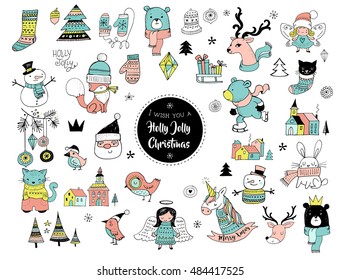 Christmas hand drawn cute doodles, stickers, illustrations and elements