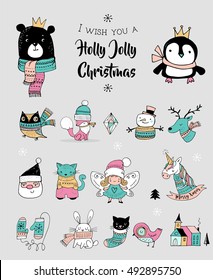 Christmas hand drawn cute doodles, stickers, illustrations. Penguin, bear, cat and Santa