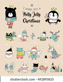 Christmas hand drawn cute doodles, stickers, illustrations. Penguin, bear, owl and unicorn