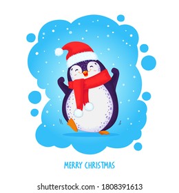 Christmas hand drawn cute penguin. Colored vector illustration in cartoon style. Great for  greeting prints, decor and web design. All elements are isolated. 