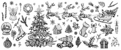 Christmas Hand Drawn Decorations, Vector Elements. Traditional Christmas Symbols: Truck, Gifts, Santa Claus With Reindeers, Fir, Sock, Wreath Etc. Vintage Style.