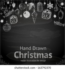 Christmas hand drawn Decorations for Xmas design. With balls, toys and fir-cone.