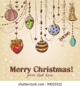 Christmas hand drawn decorative postcard with xmas toys and balls hanging on ornate laces with beads. Vector illustration