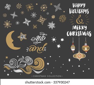 Christmas hand drawn design elements with calligraphy. Magic night sky, stars and snowflakes, gift Christmas balls. Handwritten modern brush lettering.