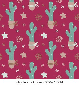 Christmas hand drawn digital paper with cactus. Cute vector seamless pattern with cacti, snowflakes. Vector noel background. Original design for Christmas, New Year