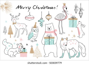 Christmas hand drawn doodle cartoon set 