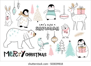 Christmas hand drawn doodle cartoon set 