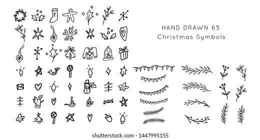 Christmas hand drawn doodle decorations. Symbols of holiday vector set. Illustrations for greeting cards, banners, 
templates, apparel, posters, bags, web design. Isolated elements background.