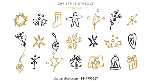 Christmas hand drawn doodle decorations. Symbols of holiday vector set. Illustrations for greeting cards, banners, 
templates, apparel, posters, bags, web design. Isolated elements background.