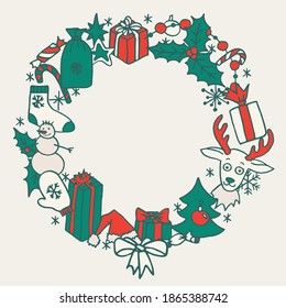 Christmas hand drawn doodle garland wreath vector frame with room for your greetings. Santa hat, tree, reindeer, snowman, snowflakes, gifts, decorations, holly, candies, sock, stars.