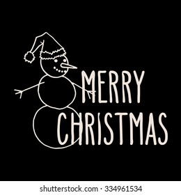 Christmas hand drawn doodle greeting card with happy snowman and hand written Merry Christmas words in white over black background. 