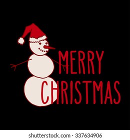 Christmas hand drawn doodle greeting card with smiling snowman in Santa hat and hand written Merry Christmas words in red and white over black background. 
