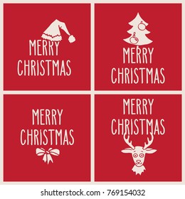 Christmas hand drawn doodle greeting cards set with hand written Merry Christmas words. Vector illustration in white over red.