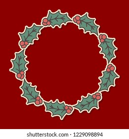 Christmas hand drawn doodle holly wreath. Vector border winter holiday illustration. Blank evergreen leaves and berries frame isolated over red.