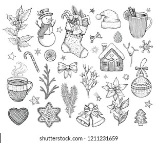 Christmas hand drawn doodle icon set. Merry Xmas & Happy New year symbol, retro sketch style. Cute emblem of sock, snowman, cookie, Santa hat, bow. Vector illustration isolatated on white backgraund