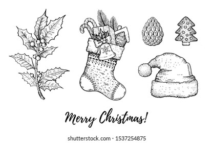 Christmas hand drawn doodle icon set. Merry Xmas, Happy New year engraved retro sketch. Cute stocking, Santa hat, holly berry, fir cone. Vector illustration isolated on white background