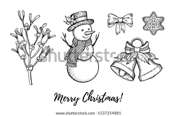 クリスマス手描きの落書きアイコンセット メリークリスマスハッピーニューイヤーのレトロなスケッチ かわいいヤドリギ 雪だるま ジンジャーベル ジンジャーブレッドクッキー 白い背景にベクターイラスト のベクター画像素材 ロイヤリティフリー