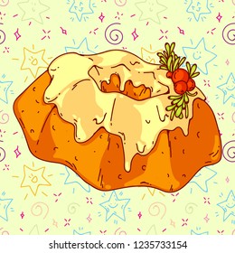 Christmas hand drawn doodle illustration of a cake. Cute kids style, very colorful, For use in leaflets, posters, banners, menus, cards