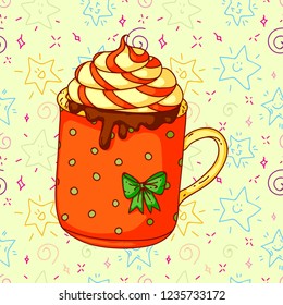 Christmas hand drawn doodle illustration of a mug. Cute kids style, very colorful, For use in leaflets, posters, banners, menus, cards